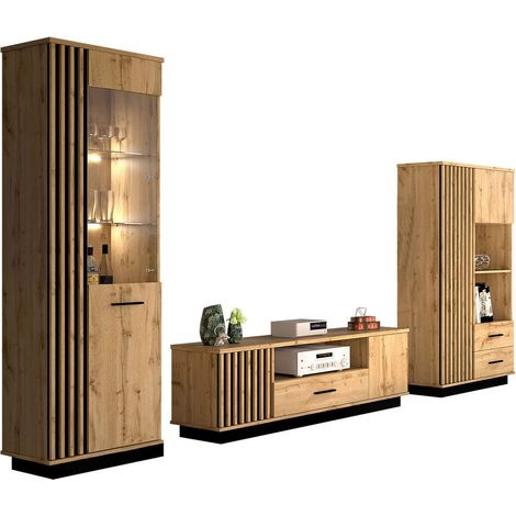 Mobilier1 – Ensemble de meubles de salon 3 pièces – Stratifié et MDF – Verre trempé – Dimensions étagères 159x90x40 cm et 194x60x40 cm – Avec éclairage LED