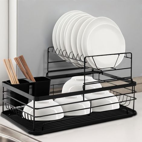 Égouttoir à vaisselle peu encombrant, organisateur de cuisine avec bac à couverts, égouttoir à vaisselle pour évier et accessoires de cuisine, noir (1/5)