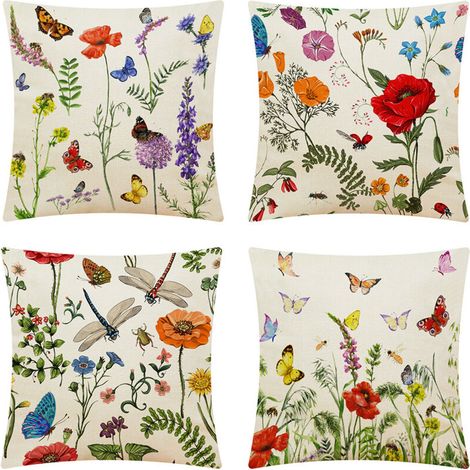 A Set of 4 Floral 45x45 cm, Fresh Flowers Green Leaves Decorative Cushion Covers for Sofa Washable Polyester and Linen Outdoor Textile Cushion Cover (1/5)