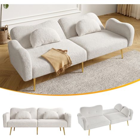 Canapé-lit 2 places moderne avec dossier réglable, pieds métal doré - Fonction couchage intégrée - Meuble 2 en 1 design 175x79x82cm - Blanc (1/5)