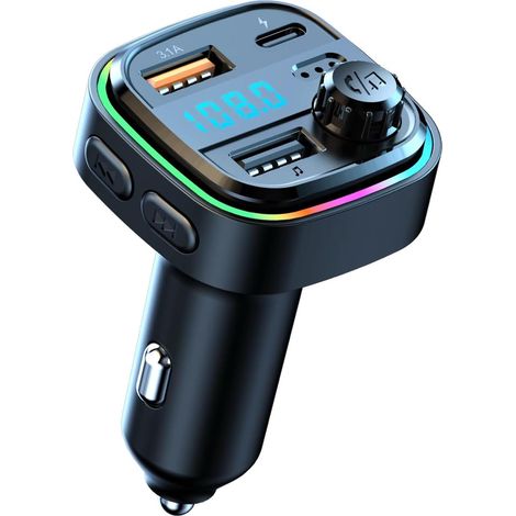 Bluetooth FM-Transmitter fürs Auto – Dual-USB-C- (5V/3,1A) und USB-B-Ladegerät (12V-24V), LED-Anzeige, Freisprecheinrichtung, eingebautes Mikrofon, MP3-Player, RGB-Beleuchtung, kompatibel mit iOS und 