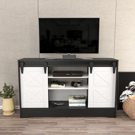 Decorotika Nisay 140 Cm Wide Decorative Meuble TV TV Console Meuble TV With Open Shelves Cabinet And  For Living Room Hallway - Dark Grey And Blanc (1/5)