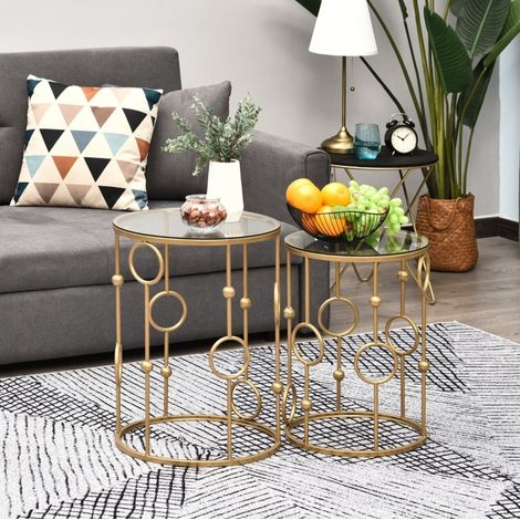 Lot de 2 tables basses rondes en verre, tables d’appoint en métal doré Ø41 x 57 cm (1/5)