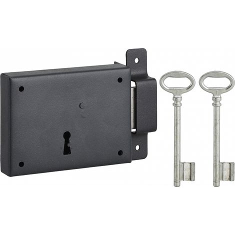 Thirard – Serrure horizontale en applique à clé pour porte de cave – Pêne seul, droite, axe 60mm, 110x80mm, finition noire, 2 clés – Résistance mécanique accrue