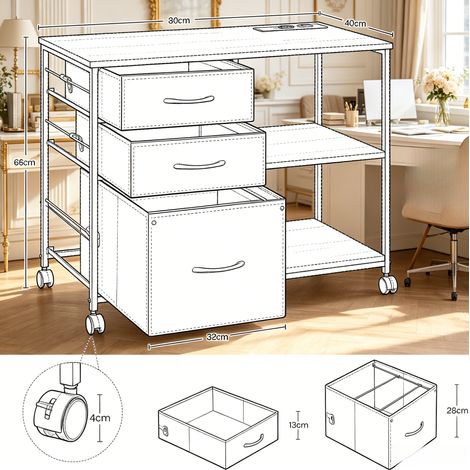Caisson de rangement mobile pour bureau en bois mélaminé, 40x80x66 cm, chêne clair (1/5)
