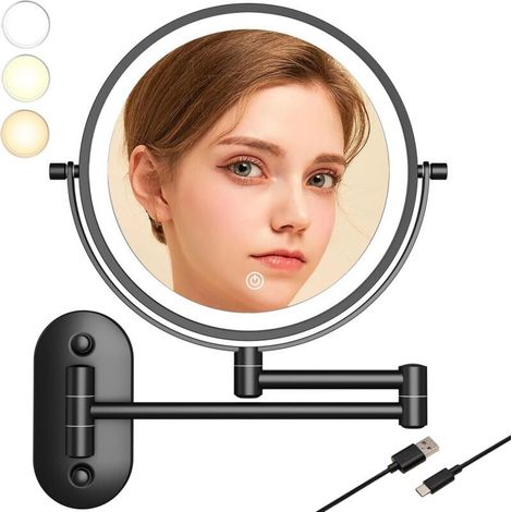 Espejo de aumento iluminado de 8" con LED, aumento de 10x, montaje en pared para tocadores, hoteles, baños y afeitado, recargable por USB, espejo de pared para baño (negro - 10X) (1/5)