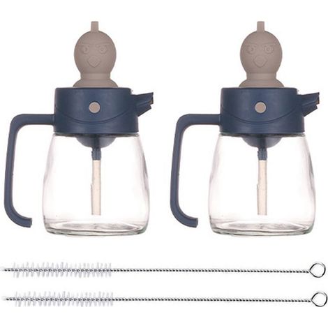 1 bouteille en verre pour huile d'olive et vinaigre, 350 ml, avec pinceau intégré, bec verseur en acier inoxydable, idéale cuisine barbecue pâtisserie (1/5)