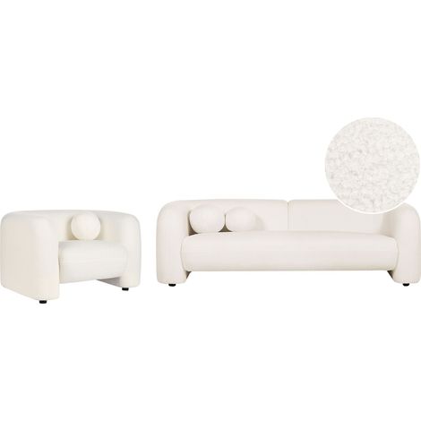 Set da salotto composto da divano e poltrona in bouclè bianco 4 posti con cuscini aggiuntivi Leiren