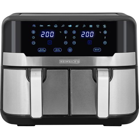 HEINRICHS - Freidora de aire caliente XXL 9L, doble cámara, 9 programas, pantalla táctil LED, cocina sin grasa, 2400 W, freidora de aire caliente para cocina sana, doble airfryer (1/4)
