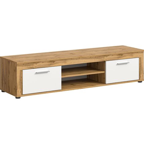 Aosta - Meuble TV en mélaminé blanc et chêne, L/H/P 160x37x41 (1/5)