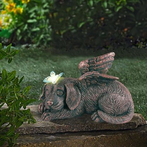 1 Statue Ange Chien avec Papillon Lumineux, Décoration Solaire Extérieure pour Jardin ou Intérieur, Ornement Commémoratif pour Animal Disparu