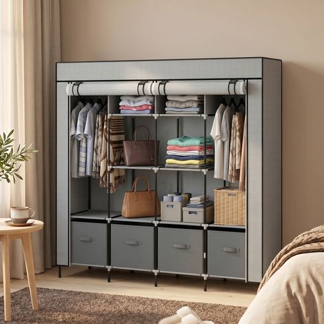 Armoire penderie tissu 10 étagères 2 barres 4 tiroirs 166x42x170 cm grise (1/5)