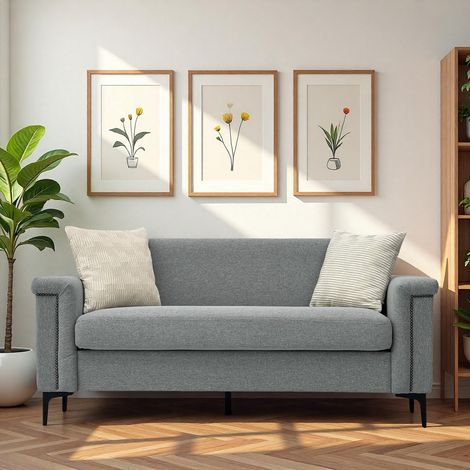 Canapé 2 places en tissu lin gris clair, style scandinave avec pieds métal et structure bois (1/5)
