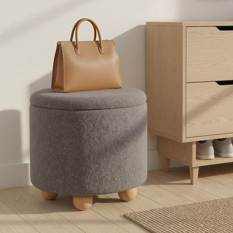 Pouf de Rangement Rond Repose-pieds en Tissu Chenille de 44,5 CM avec Couvercle Amovible Pieds en Bois Caoutchouc Charge 150KG Gris (1/5)