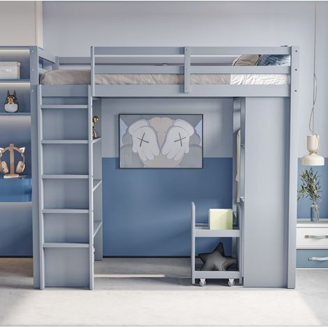 Hochbett 90x200 mit Stauraum Regalen Massivholz Grau OKMYHOME (1/5)