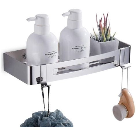 BUNTHAUS Etagère Douche Auto-adhésif Perçage Rangement Salle de Bain Douche Accessoire Salle de Bain Acier Inoxydable avec 2 Crochets, Argent (1/5)