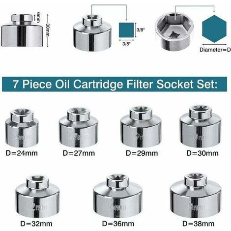 Clés à Filtre à Huile Lot de 7 - Compatibles avec BMW, Mercedes, VW (Capuchon 24mm-38mm) (1/4)