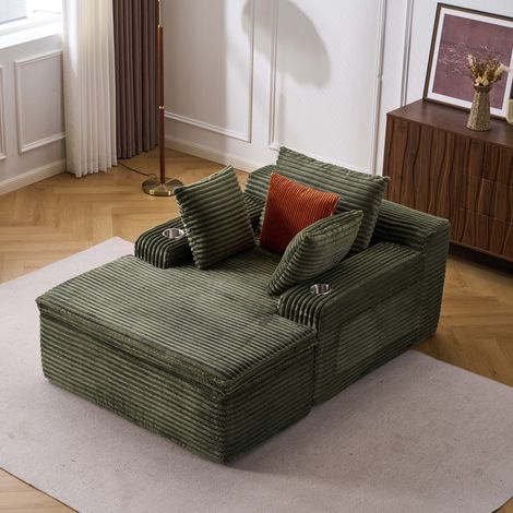 Cord Schlafsessel mit Liegefunktion, weiches Loungesofa mit Kissen, Decke und Getränkehaltern, werkzeuglos