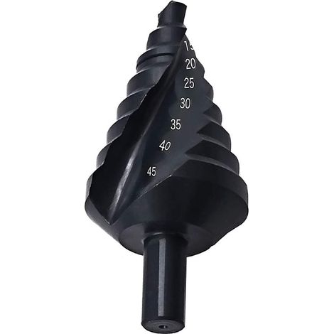 Stufenbohrer, spiralförmig, von 10 bis 45 mm, geeignet für Kohlenstoffstahl, dünne Bleche, Dämmplatten, PVC-Platten und Plattenwerkstoffe. Schwarz.
