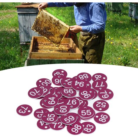 50 pièces/Vente d'étiquettes de marquage pour l'apiculture et l'élevage, étiquettes numérotées, numéros perforés, marquages de ruche, fournitures d'élevage, numéros 51-100, violet. (1/5)