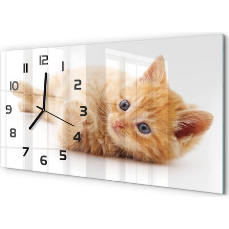 Horloge Murale Salon 60x30 cm Panoramique Verre Trempé Décoration Murale Chat roux (1/5)