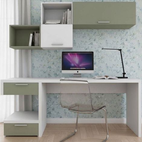 Angolo studio moderno con cassettiera sfalsata per cameretta - Bianco e Salvia