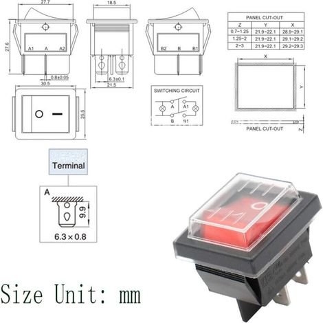 Set di 3 interruttori a bilanciere ON/OFF con luce rossa e copertura impermeabile, 16A/250V e 20A/125V AC (DPST) (1/4)
