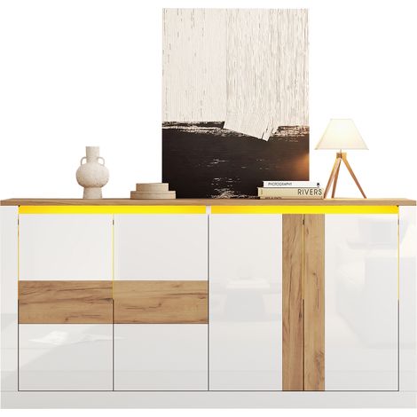 Buffet LED RGB 4 Portes Meuble de Rangement Salon MDF Blanc Brillant et Chêne 140x35x70cm (1/5)