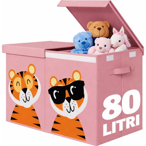 Box Contenitore Giocattoli con Animali Doppio Pieghevole 80L Rosa Salvaspazio