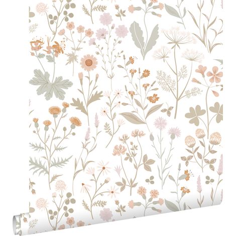 Papier peint à motif fleurs des champs vert et rose terracotta – Dimensions 53 cm x 10,05 m – Raccord sauté – Pose facile sans table à tapisser – Estahome