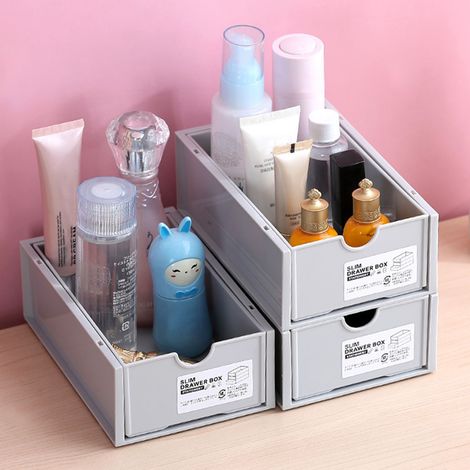 Boîte de rangement de bureau en plastique gris avec tiroir, idéale pour ranger maquillage et fournitures de bureau. (1/5)