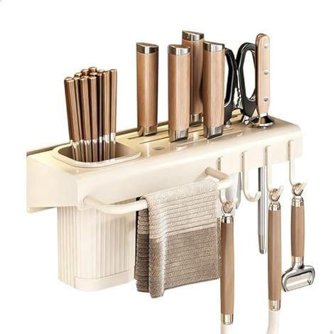 Porte-couteaux de cuisine avec support, rangement étanche pour couverts, ciseaux, baguettes et chiffons, 4 crochets (1/5)