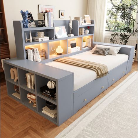 Sofá cama extensible de madera gris 230x115x100 cm con almacenaje y LED – MEUBLIV (1/5)