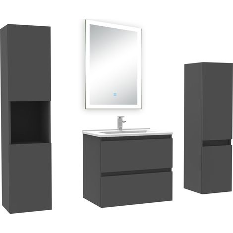 Ocean Ensemble meuble Salle de Bain 60cm simple vasque avec colonne et miroir lumineux dimmable anthracite