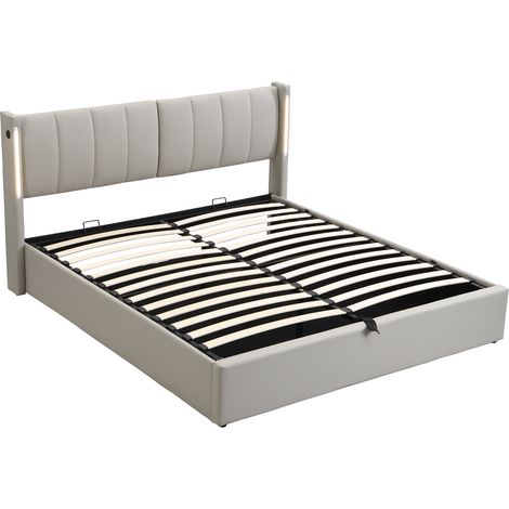 Letto contenitore LED 140 x 200 cm in PU grigio con USB, testiera regolabile, rete a doghe (1/5)