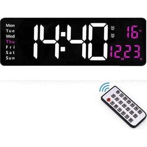 Horloge murale numérique 40 cm avec télécommande, luminosité réglable sur 10 niveaux, compte à rebours, date, heure, température, 2 alarmes, rose (1/5)