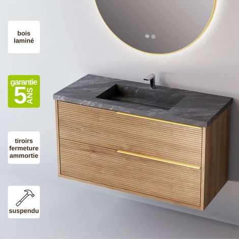 Meuble de salle de bain plan vasque Grès Cérame Noir Allure, 2 Tiroirs Chêne Naturel, Poignée Or, l100xh54xp45, Effet 3D, LISTELLO (1/3)