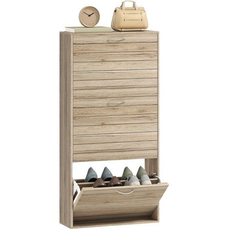 Meuble à chaussures étroit avec 3 portes battantes, rangement entrée avec étagères réglables pour 12 paires en chêne (1/5)