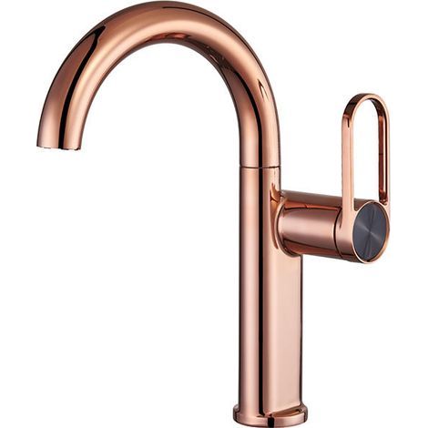 Brushed rose gold finish basin tap, single handle hot/cold water mixer, countertop mounting (low profile). (1/4)
