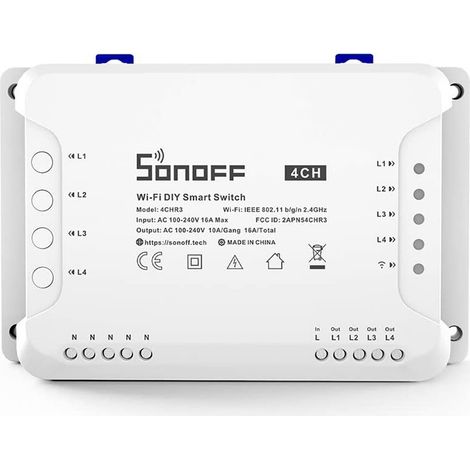 SONOFF 4CHR3 Canali Montaggio su barra DIN Interruttore Wi-Fi per Realizzazione Impianto Domotica Fai-Da-Te (Smart Home DIY), Controllo Remoto di Quattro Elettrodomestici Indipendenti