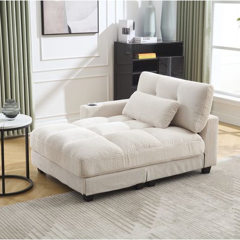 Poltrona lounge in velluto a coste beige con portabicchiere, porta USB e tasche laterali HAVRYA (1/5)