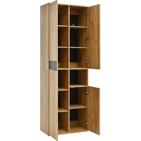Armario alto con espejo, 4 puertas y hueco abierto, negro y natural, 65 x 35 x 190 cm (1/5)