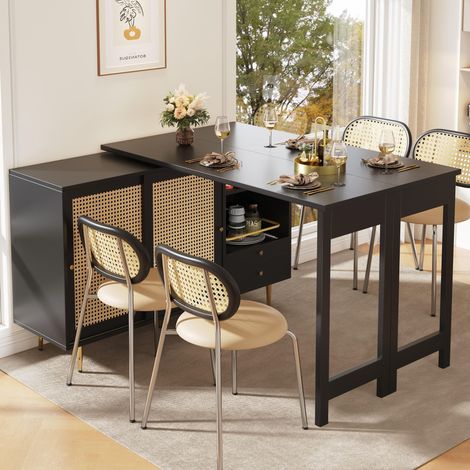 360° drehbarer schwarzer Stehtisch mit ausziehbarem Design,Aufbewahrungsschrank mit Rattantür und offenem Regal-perfekt für Küche und Esszimmer (1/5)