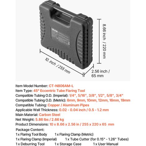 VEVOR Flaring Tool HVAC, 45° Eccentric Single Flaring Tool for 1/4"-3/4" & 6-19mm Copper Aluminum Tubes - with Metric & SAE Clamps, Tube Cutter & Toolbox for Refrigeration Air Conditioner Repair (1/4)