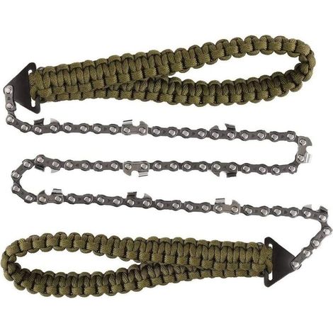 Ce kit comprend une chaîne de tronçonneuse pliable à la main, une poignée en paracorde, un outil pliable pour l'extérieur, une chaîne à dents fines de 3/8", 34 sections, 11 dents de scie et une poigné (1/5)