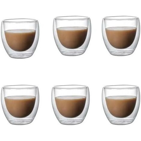 Lot de 4 Verres À Eau 6 Emballage Transparent en Verre Mural Double Tasse De Café Tasse Isolée pour Le Lait d'eau À Café en Verre Tasse-6 Pcs-51-100 ML (1/5)