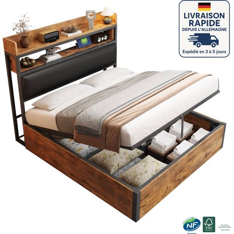 Cama 140x200 - Canapé abatible - Polipiel - Diseño vintage en madera y metal - Puerto de carga USB - Hidráulico - Color negro