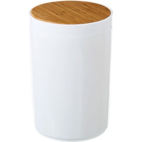 Poubelle de Salle de Bain en Plastique Blanc et Bambou - 5L (1/4)