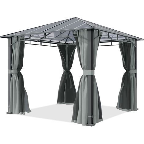 TOOLPORT Gazebo giardino 3x3 m, alluminio, tetto policarbonato 8 mm, grigio - con pannelli laterali e zanzariere (1/5)