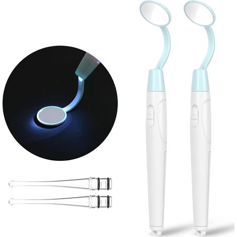 Miroir d'Inspection Dentaire, 2 Pièces Miroir dentaire avec lumière anti-buée Avec écope d'oreille remplaçable, miroir LED pour inspection des dents, soins bucco-dentaires,bleu (1/5)
